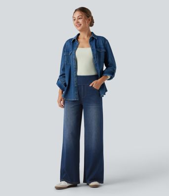 Halara Flex™ High Waisted Wide Leg Washed Casual Jeans with Pockets