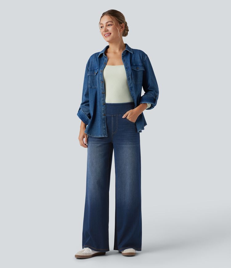 Halara Flex™ High Waisted Wide Leg Washed Casual Jeans with Pockets