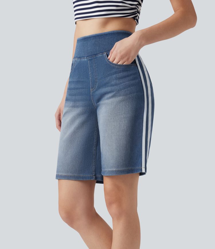Halara Flex™ High Waisted Stripe Washed Denim Casual Baggy Shorts with Pockets