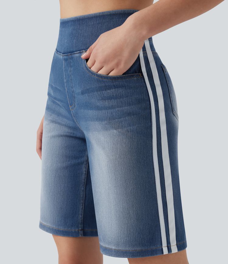 Halara Flex™ High Waisted Stripe Washed Denim Casual Baggy Shorts with Pockets