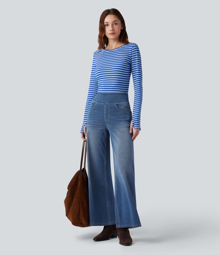 Halara Flex™ High Waisted Wide Leg Washed Casual Jeans with Pockets