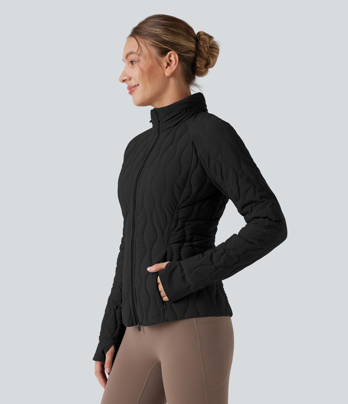 PuffFlex High-neck Thumb Holes Stretchy Workout Padded Jacket with Pockets-Packable Neck Pillow