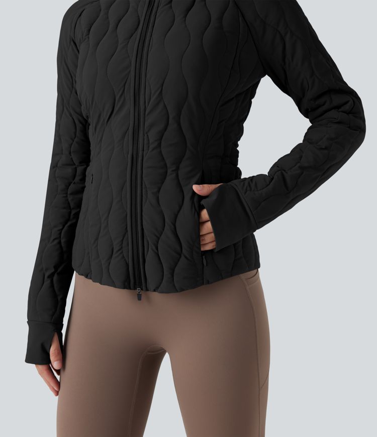 PuffFlex High-neck Thumb Holes Stretchy Workout Padded Jacket with Pockets-Packable Neck Pillow