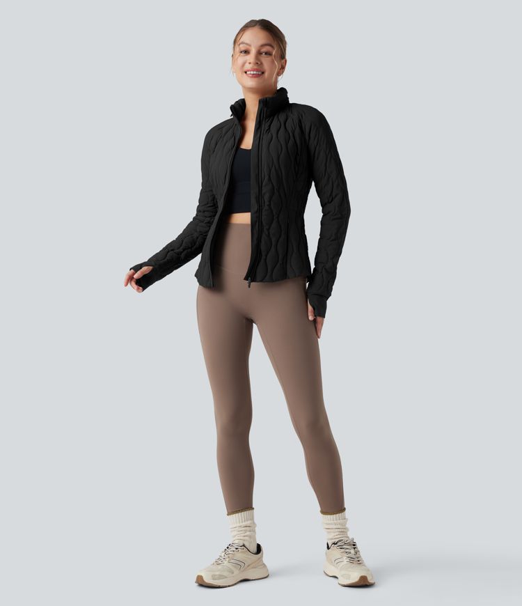 PuffFlex High-neck Thumb Holes Stretchy Workout Padded Jacket with Pockets-Packable Neck Pillow