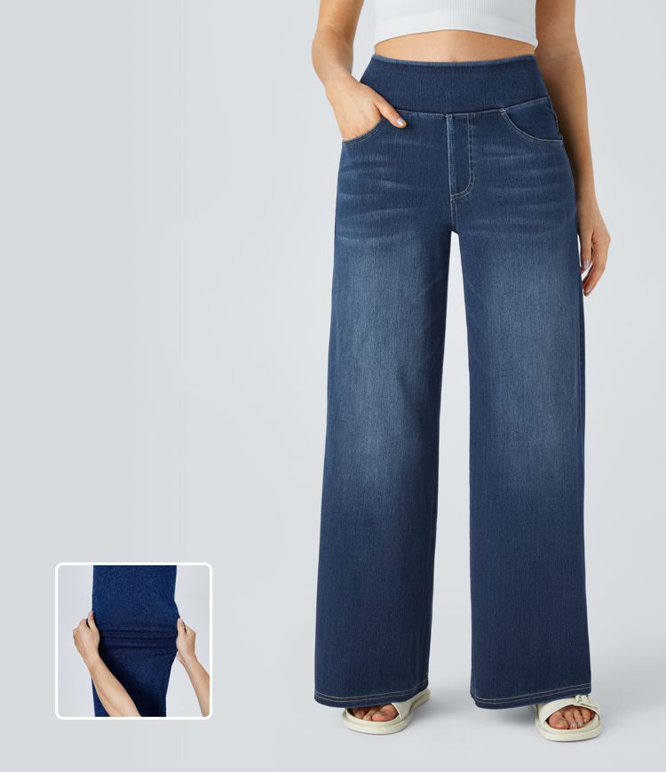 Halara Flex™ High Waisted Pockets Baggy Wide Leg Washed Casual Jeans