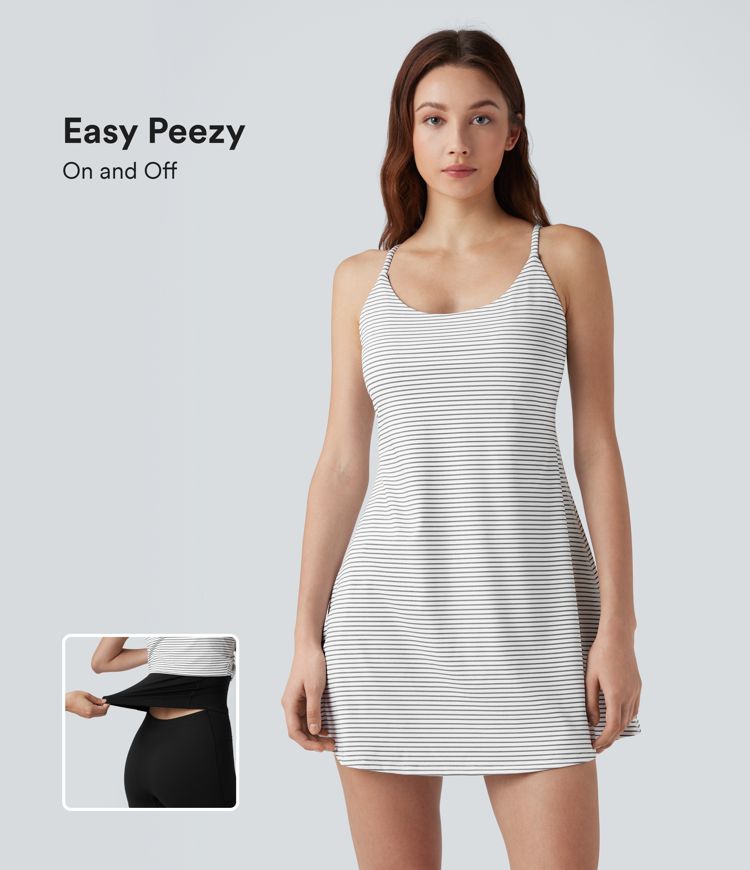 Crisscross Backless Stripes Tennis Active Dress with Pockets-Easy Peezy