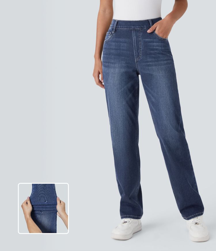 Halara Flex™ High Waisted Pockets Straight Leg Washed Casual Jeans