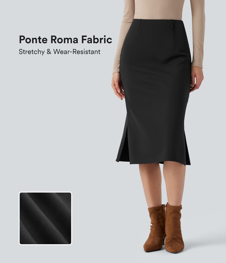 Wear-Resistant High Waisted Split Midi Ponte Roma Work Skirt