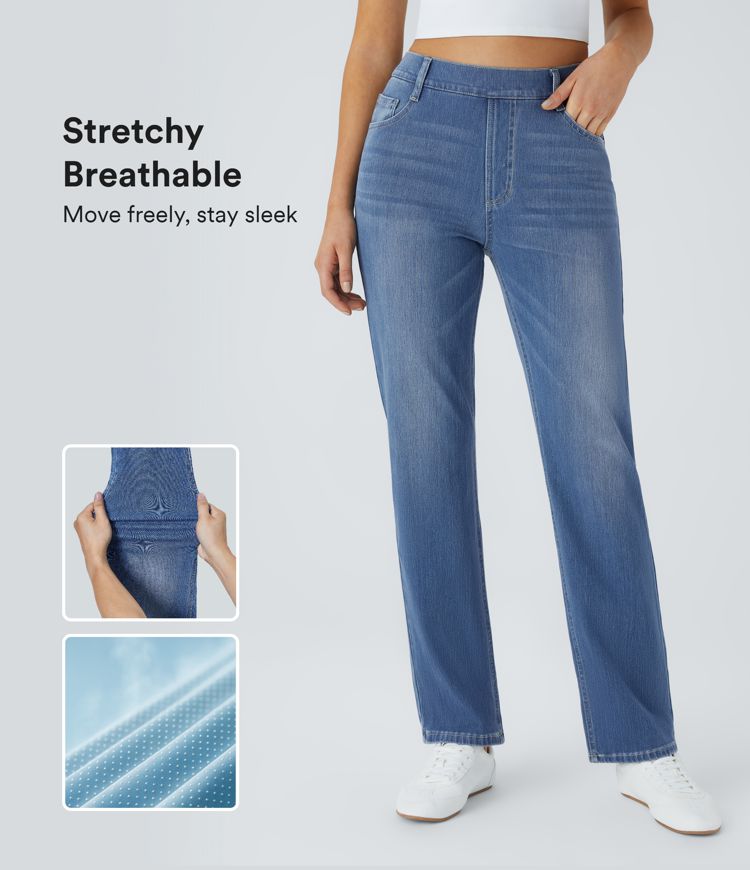 Jean droit Halara Flex™ à taille haute, poches multiples, effet délavé et tissu extensible
