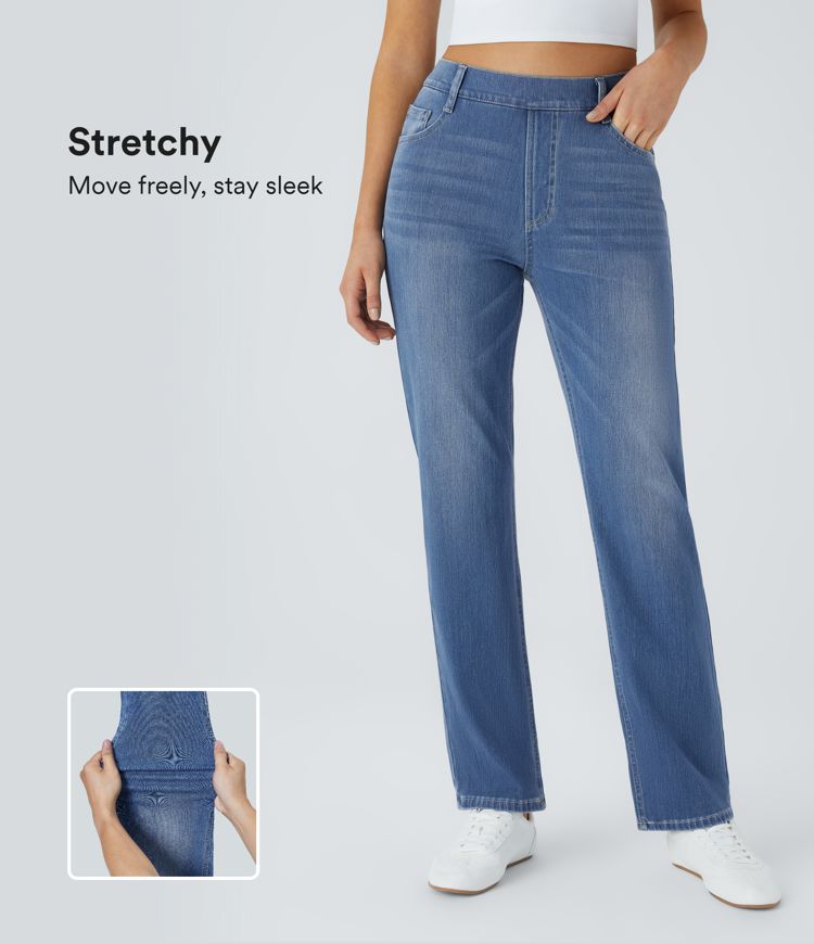 Jean droit Halara Flex™ à taille haute, poches multiples, effet délavé et tissu extensible