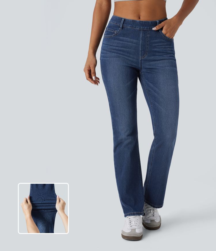 Halara Flex™ Jeans Casual Taille Haute Multiples Poches Lavés Élastiques et Tricotés Coupe Bootcut