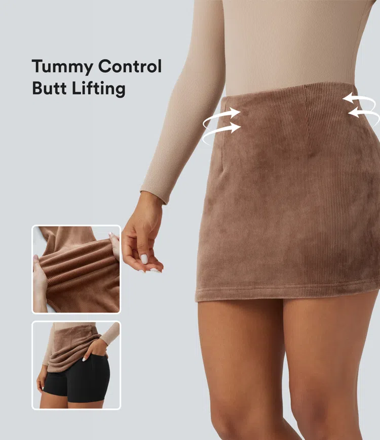 Pecan Pie Jupe mini moulante en velours côtelé doublée polaire, taille haute, effet gainant sur le ventre et rehaussement des fesses, style décontracté, avec poches / 1
