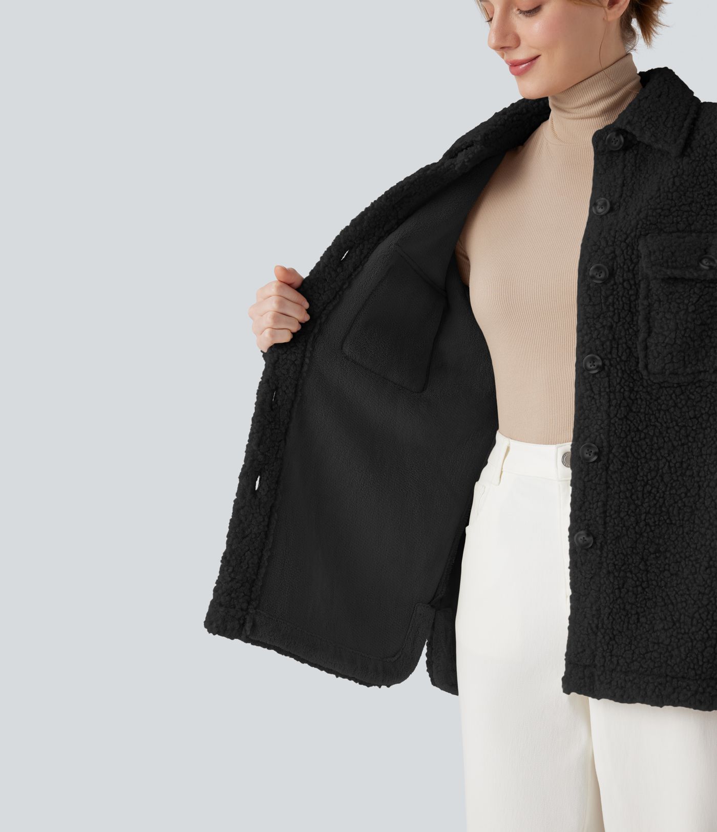 Long Sleeve Casual Sherpa Jacket with Pockets