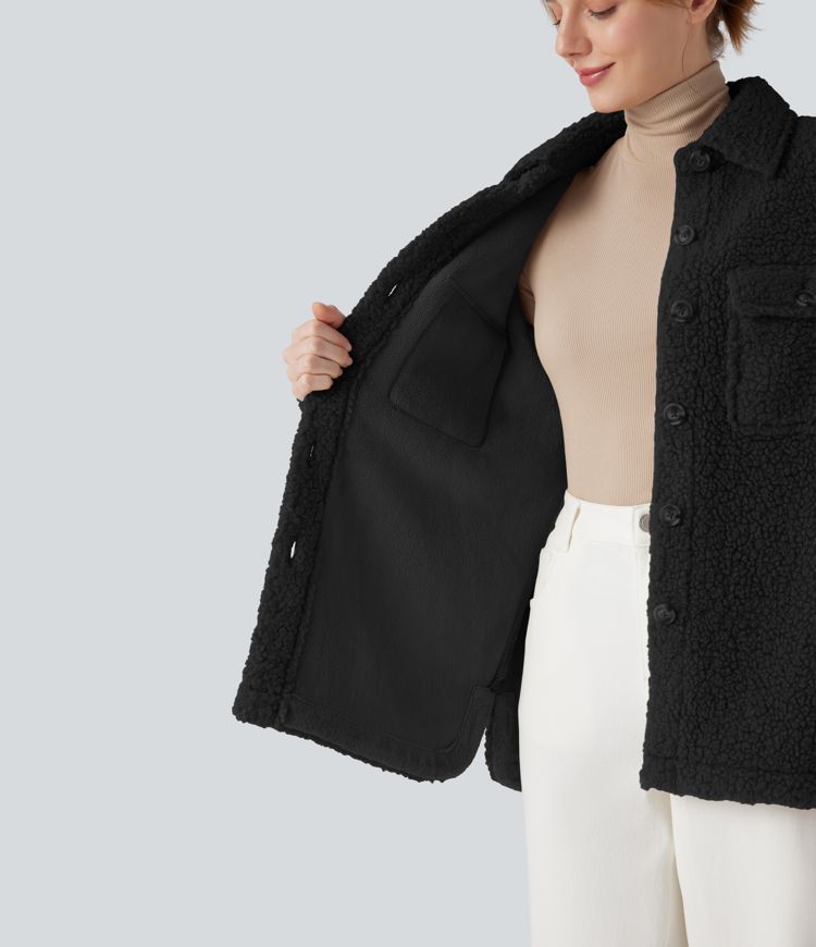 Long Sleeve Casual Sherpa Jacket with Pockets