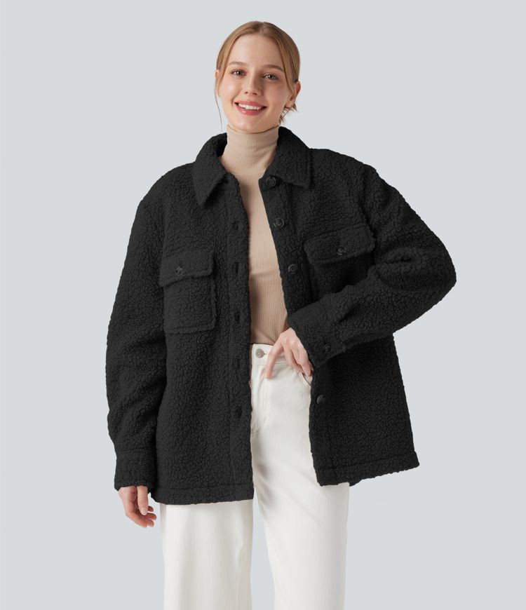 Long Sleeve Casual Sherpa Jacket with Pockets