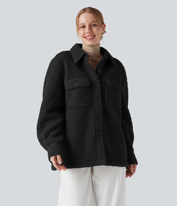Long Sleeve Casual Sherpa Jacket with Pockets