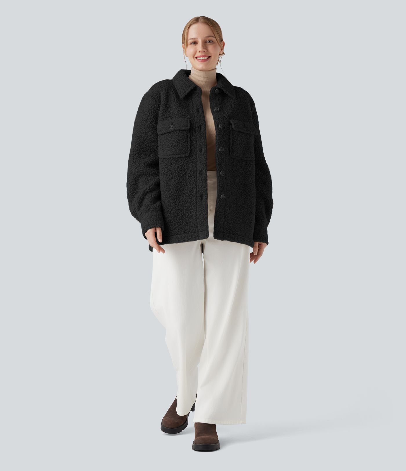 Long Sleeve Casual Sherpa Jacket with Pockets