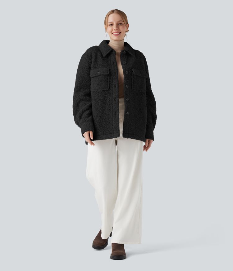 Long Sleeve Casual Sherpa Jacket with Pockets