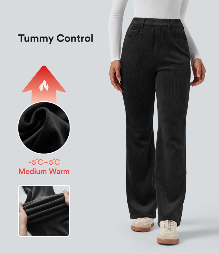 High Waisted Tummy Control Fleece Corduroy Casual Flare Trousers with Pockets