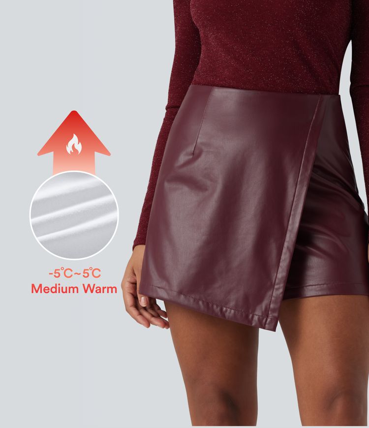 High Waisted Mini Fleece Casual PU Leather Skort
