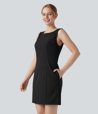Ärmelloses Mini-Arbeitskleid mit U-Boot-Ausschnitt und Seitentaschen- knitterfrei