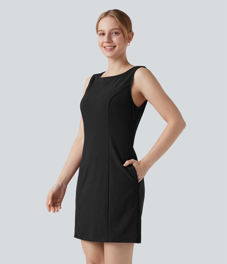 Ärmelloses Mini-Arbeitskleid mit U-Boot-Ausschnitt und Seitentaschen- knitterfrei