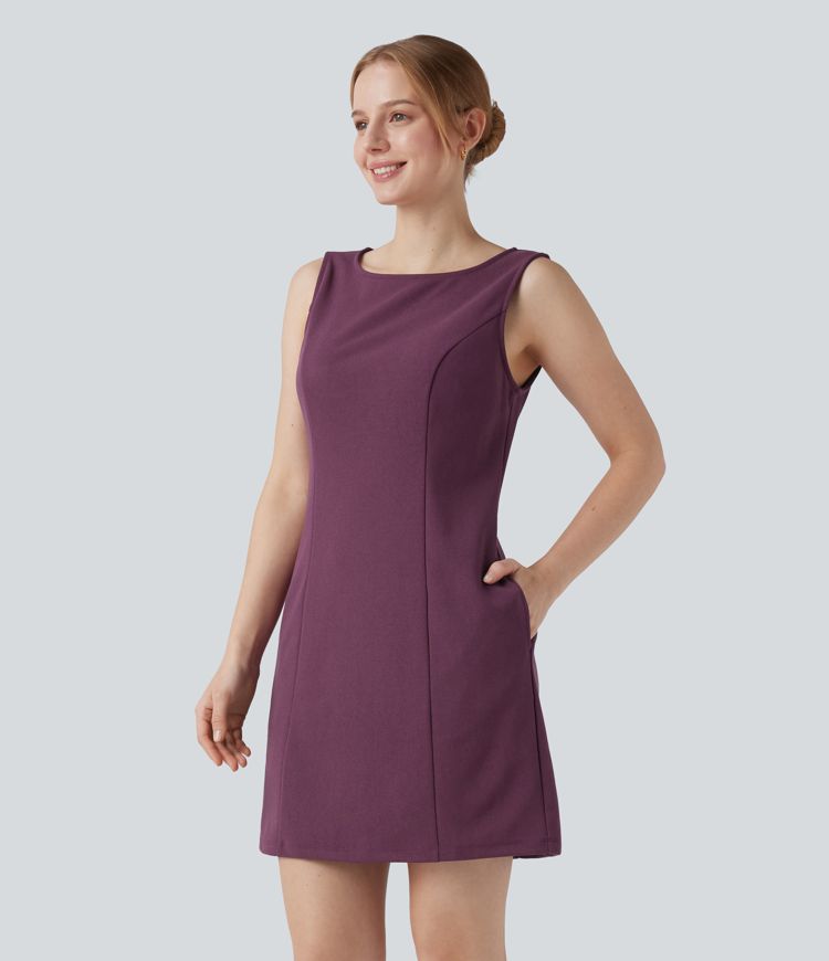 Wrinkle-resistant Boat Neck Sleeveless Mini Work Dress with Pockets