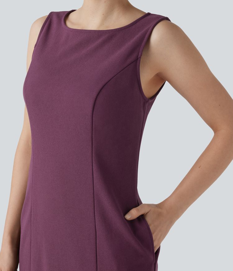 Wrinkle-resistant Boat Neck Sleeveless Mini Work Dress with Pockets