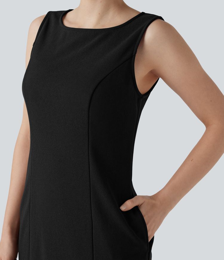 Ärmelloses Mini-Arbeitskleid mit U-Boot-Ausschnitt und Seitentaschen- knitterfrei