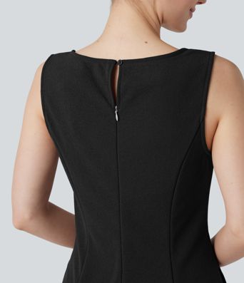 Ärmelloses Mini-Arbeitskleid mit U-Boot-Ausschnitt und Seitentaschen- knitterfrei