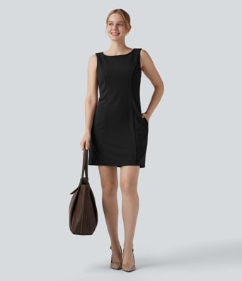 Ärmelloses Mini-Arbeitskleid mit U-Boot-Ausschnitt und Seitentaschen- knitterfrei