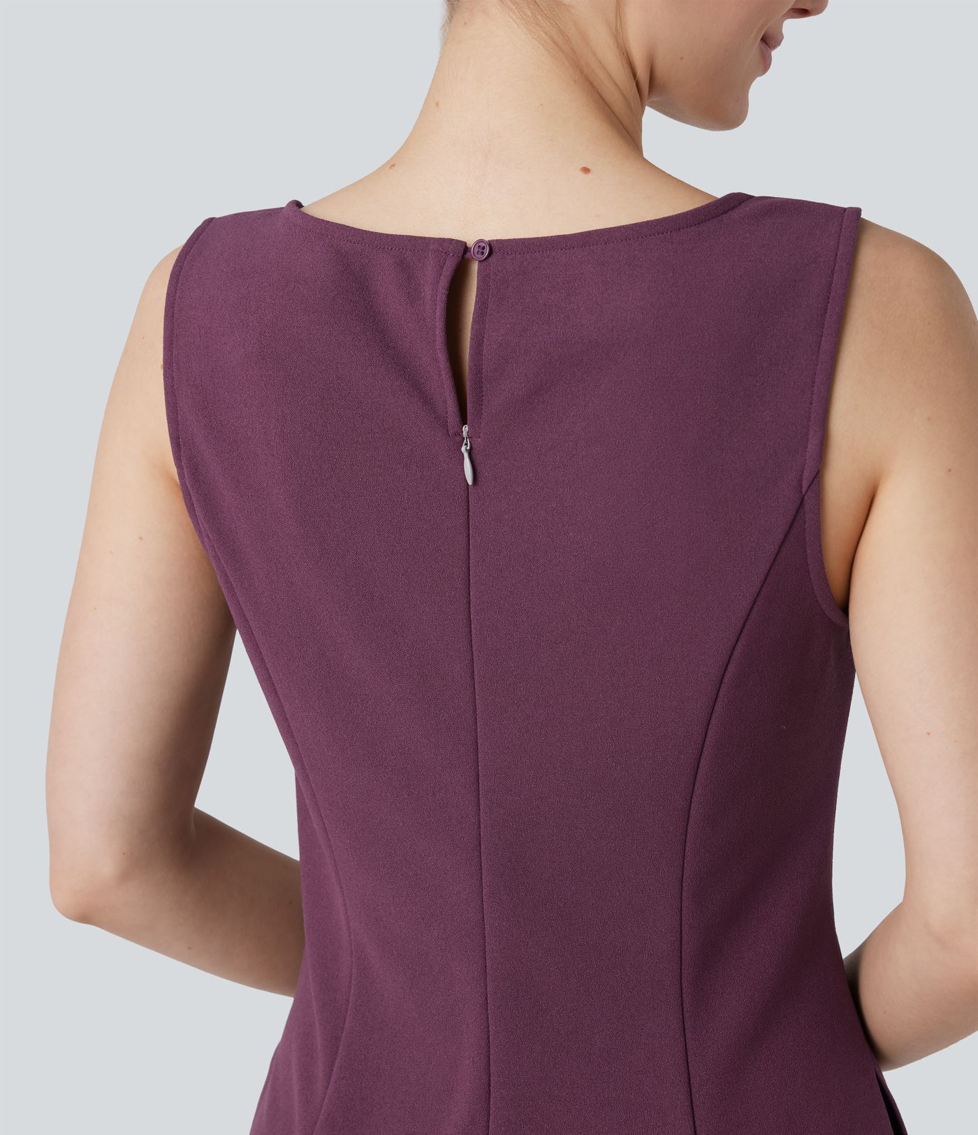 Wrinkle-resistant Boat Neck Sleeveless Mini Work Dress with Pockets