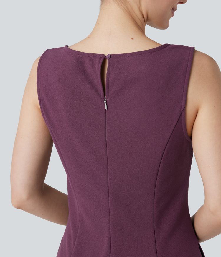 Wrinkle-resistant Boat Neck Sleeveless Mini Work Dress with Pockets