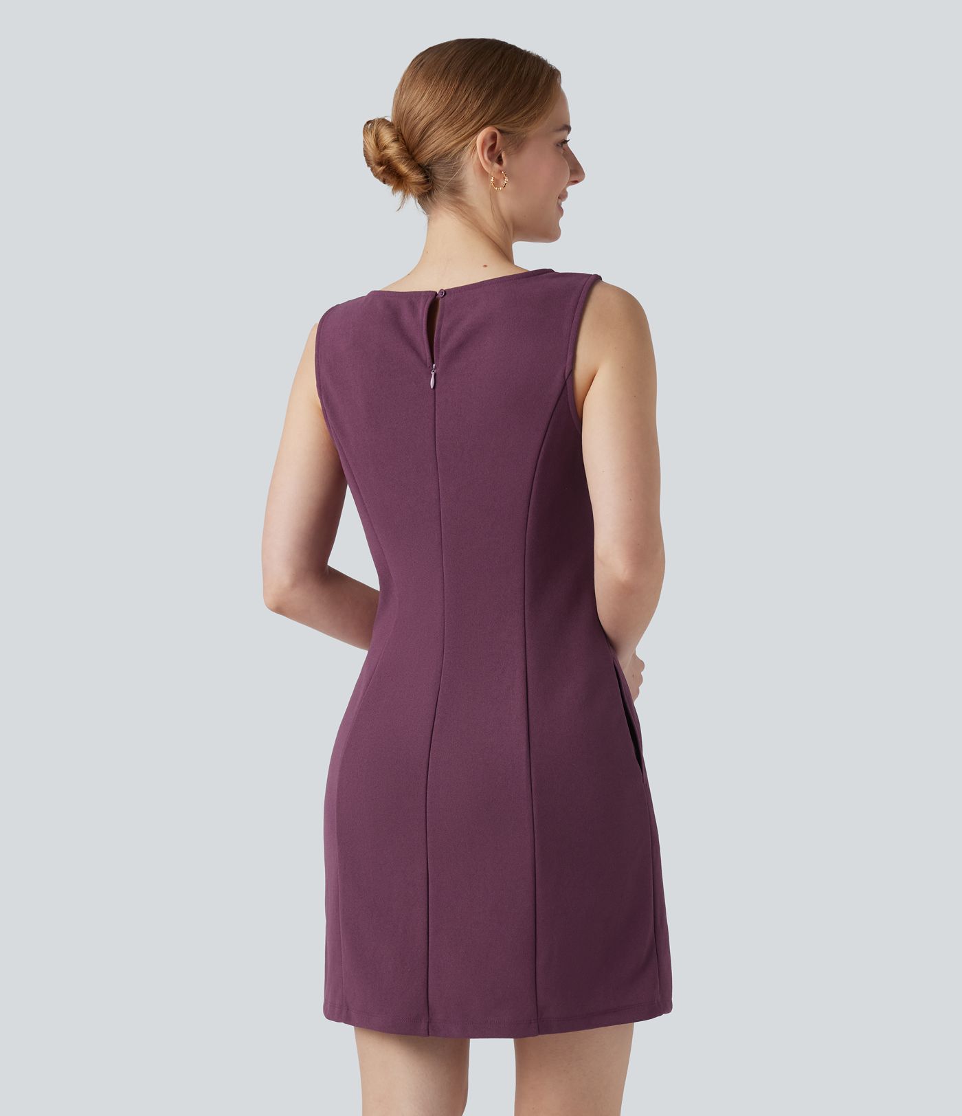 Wrinkle-resistant Boat Neck Sleeveless Mini Work Dress with Pockets