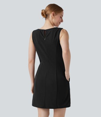 Ärmelloses Mini-Arbeitskleid mit U-Boot-Ausschnitt und Seitentaschen- knitterfrei