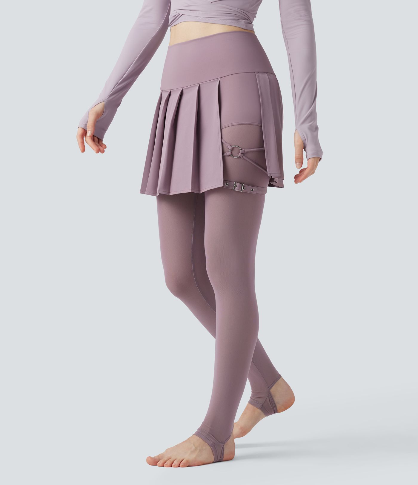 Breezeful™ High Waisted Pleated 2-in-1 Contrast Mesh Quick Dry Dance Stirrup Skirted Leggings with Pockets