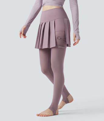 Breezeful™ High Waisted Pleated 2-in-1 Contrast Mesh Quick Dry Dance Stirrup Skirted Leggings with Pockets