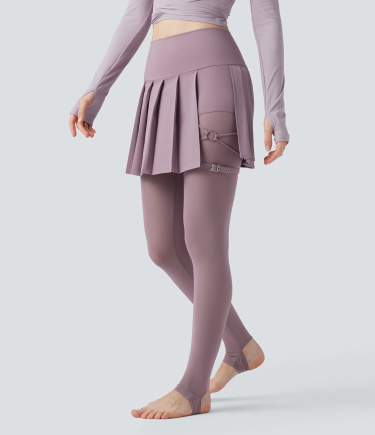 Breezeful™ High Waisted Pleated 2-in-1 Contrast Mesh Quick Dry Dance Stirrup Skirted Leggings with Pockets