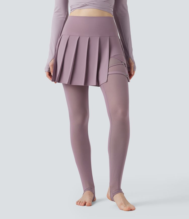 Breezeful™ High Waisted Pleated 2-in-1 Contrast Mesh Quick Dry Dance Stirrup Skirted Leggings with Pockets