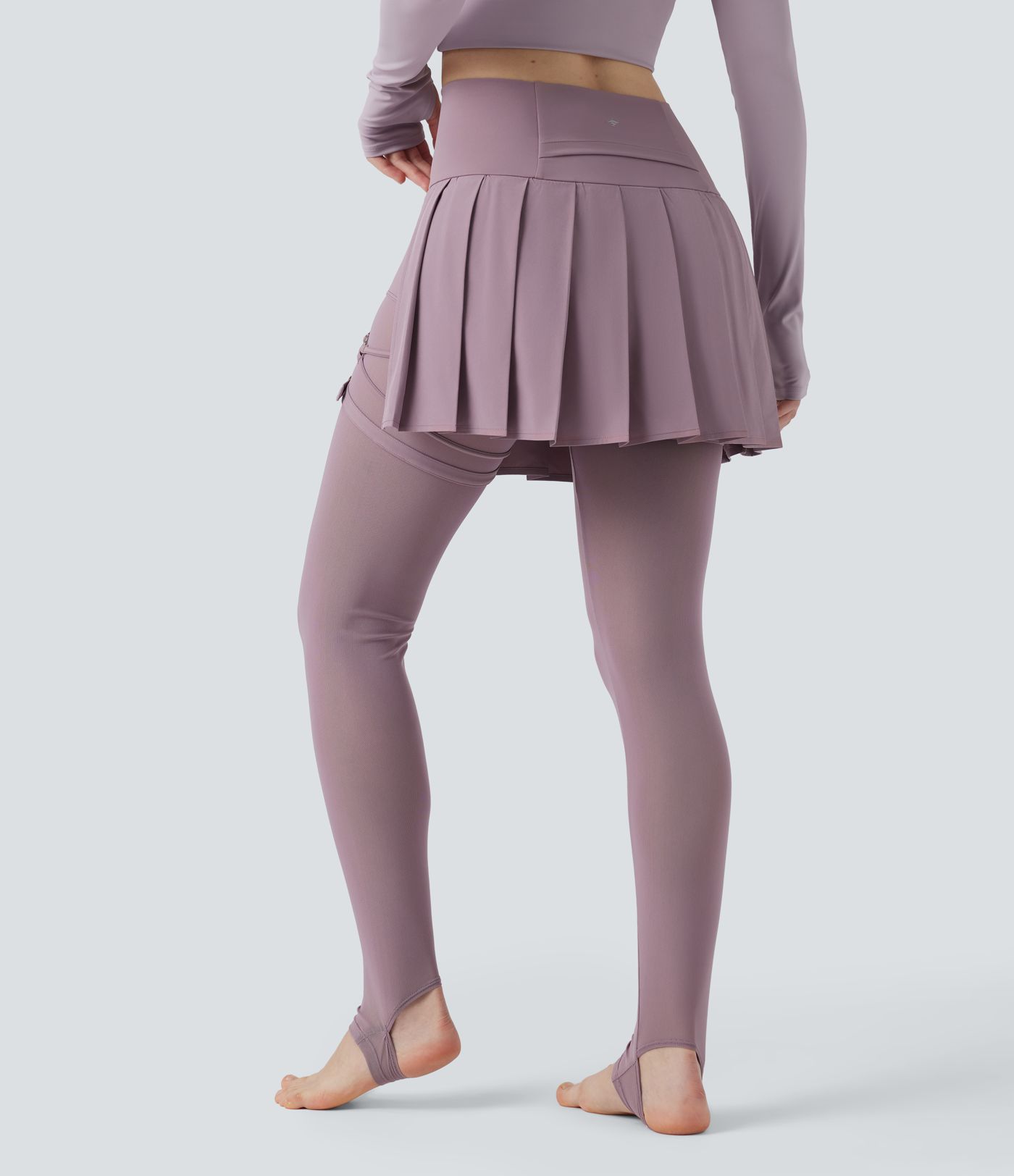 Breezeful™ High Waisted Pleated 2-in-1 Contrast Mesh Quick Dry Dance Stirrup Skirted Leggings with Pockets