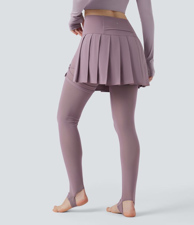 Breezeful™ High Waisted Pleated 2-in-1 Contrast Mesh Quick Dry Dance Stirrup Skirted Leggings with Pockets