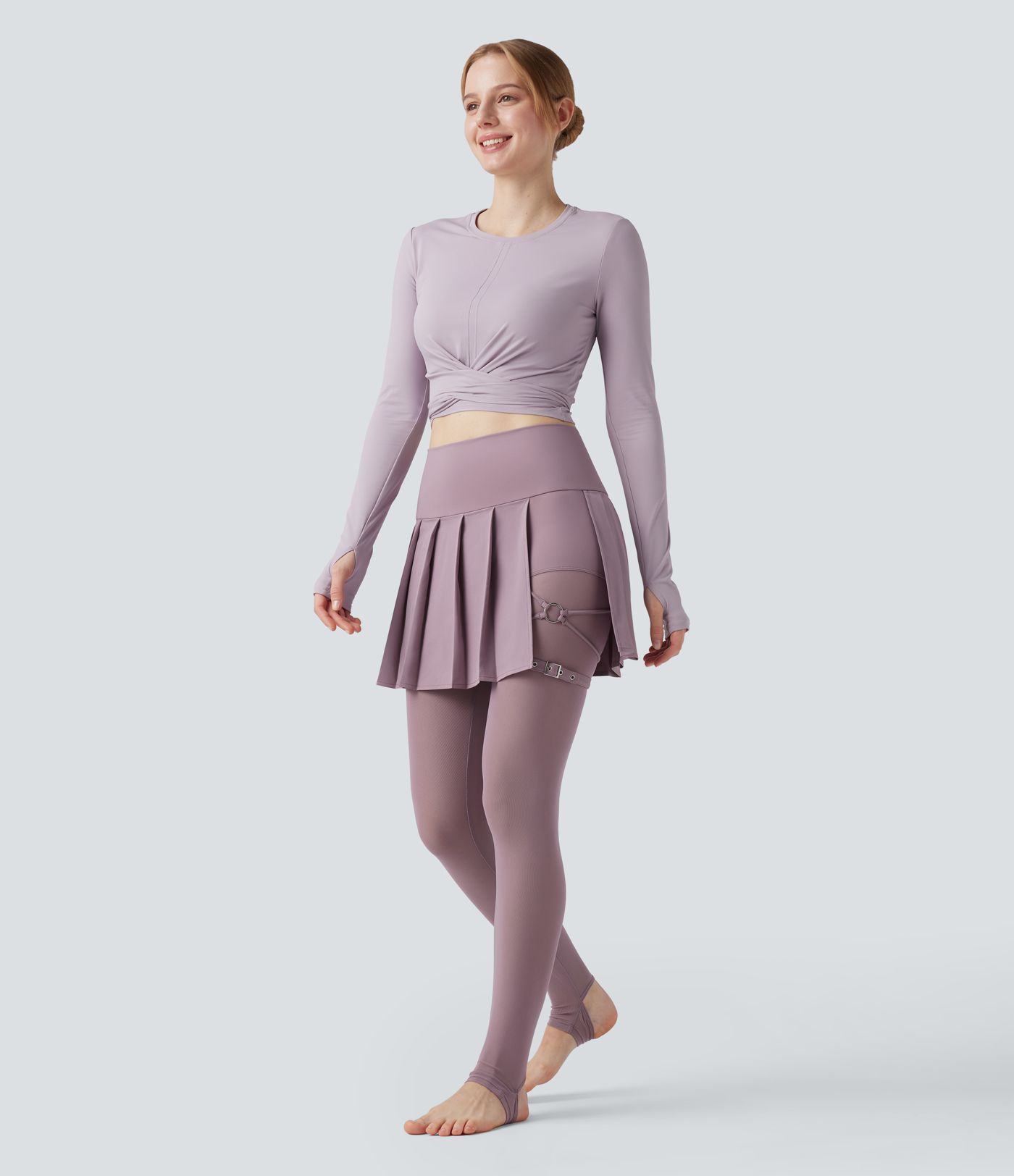 Breezeful™ High Waisted Pleated 2-in-1 Contrast Mesh Quick Dry Dance Stirrup Skirted Leggings with Pockets