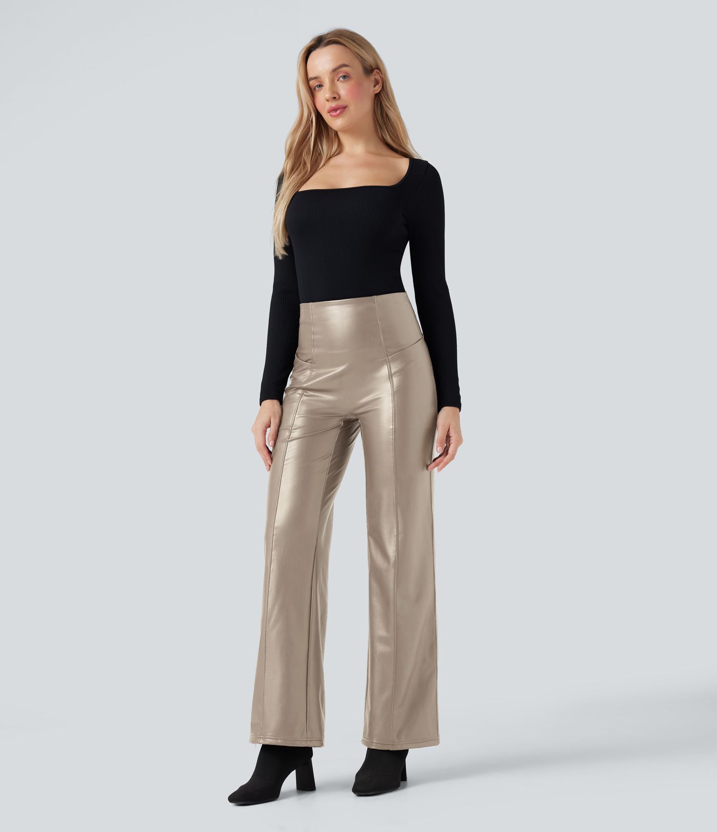 High Waisted Tummy Control Stretchy PU Fleece Casual Flare Pants with Pockets