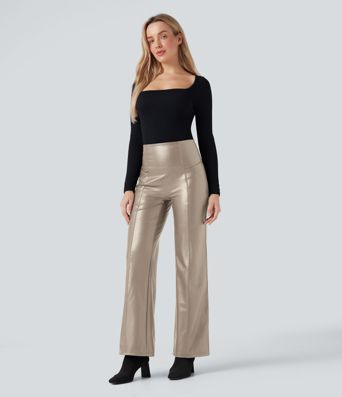 High Waisted Tummy Control Stretchy PU Fleece Casual Flare Pants with Pockets