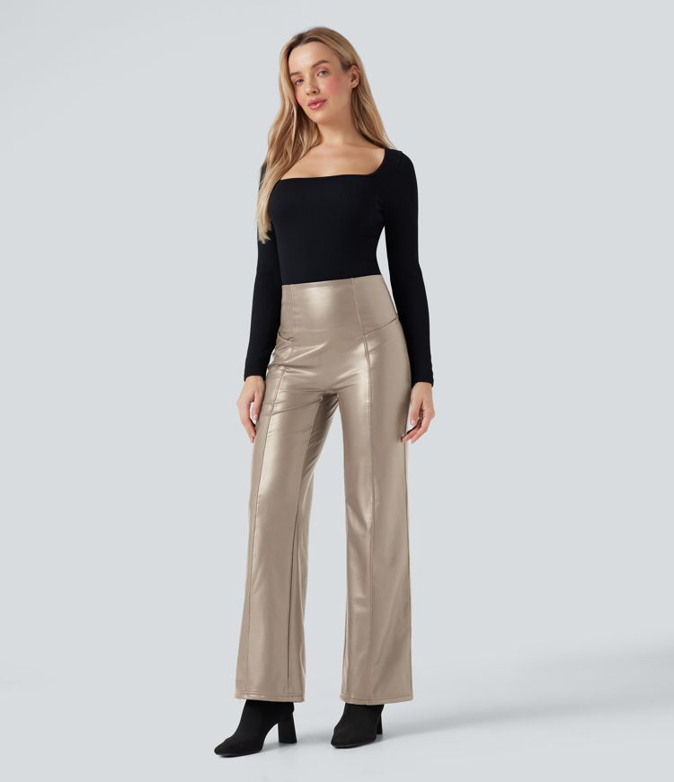 High Waisted Tummy Control Stretchy PU Fleece Casual Flare Pants with Pockets