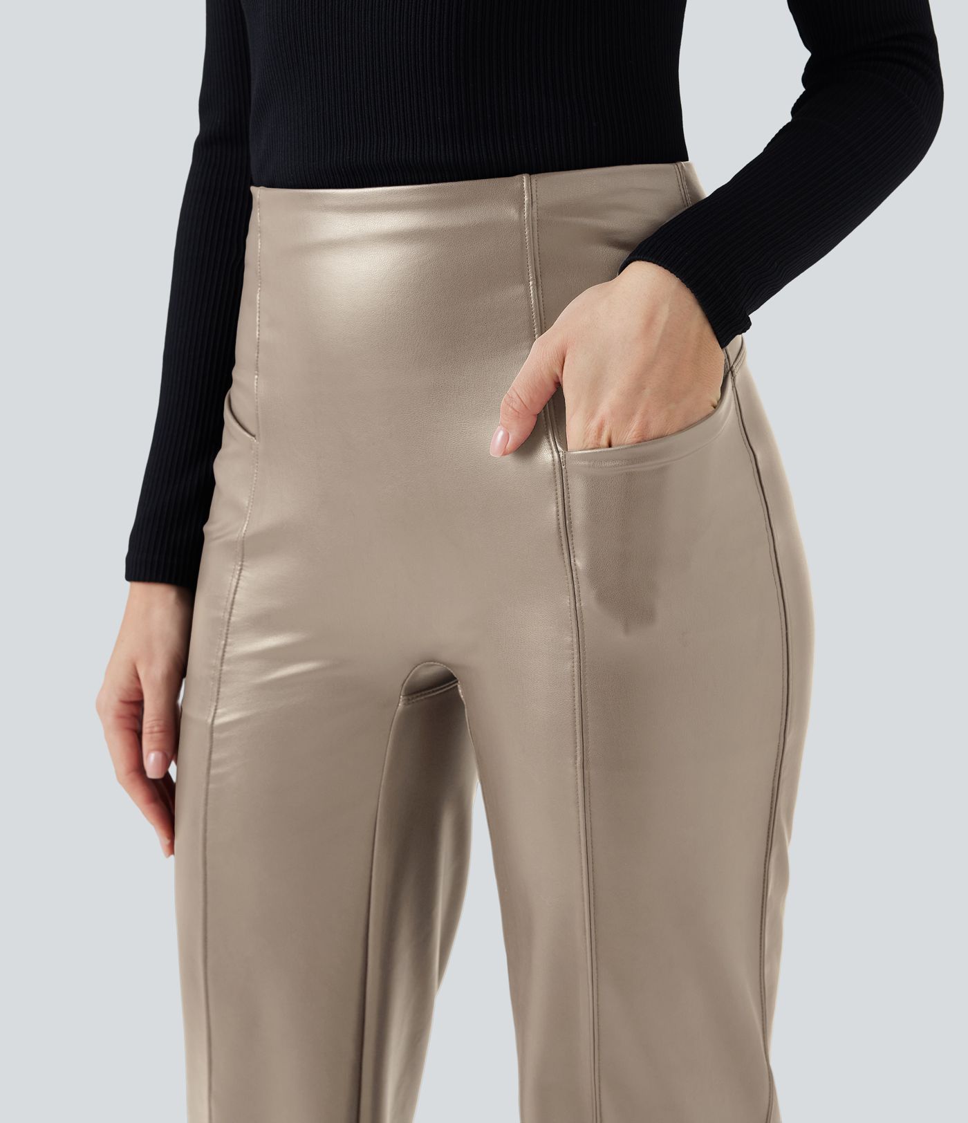 High Waisted Tummy Control Stretchy PU Fleece Casual Flare Pants with Pockets