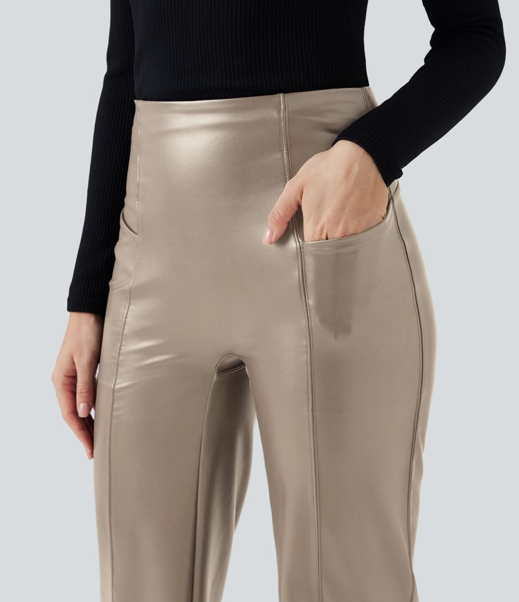 High Waisted Tummy Control Stretchy PU Fleece Casual Flare Pants with Pockets