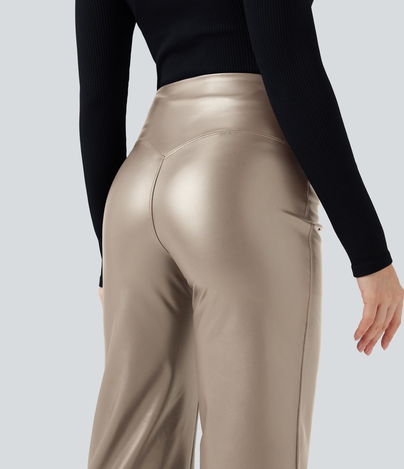 High Waisted Tummy Control Stretchy PU Fleece Casual Flare Pants with Pockets