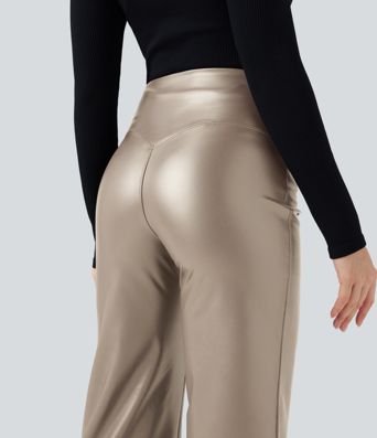 High Waisted Tummy Control Stretchy PU Fleece Casual Flare Pants with Pockets