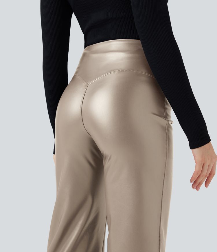 High Waisted Tummy Control Stretchy PU Fleece Casual Flare Pants with Pockets